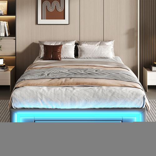 Lit Avec Rangement 90x200 Cm - Lit Simple Avec 2 Tiroirs Et LED - Gris