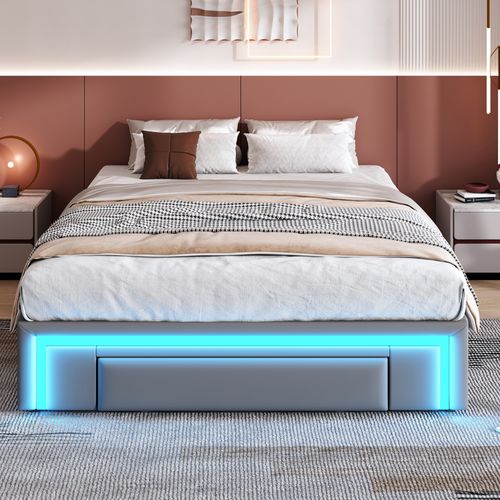 Lit Avec Rangement 140x200 Cm - Lit Double Avec 3 Tiroirs Et LED Intégré - Gris