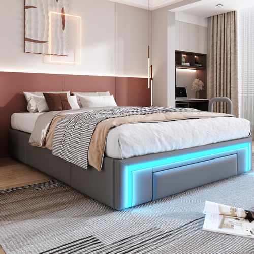 Lit Avec Rangement 140x200 Cm - Lit Double Avec 3 Tiroirs Et LED Intégré - Gris