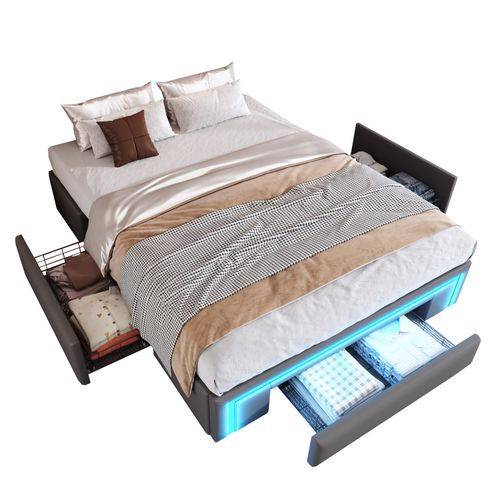 Lit Avec Rangement 140x200 Cm - Lit Double Avec 3 Tiroirs Et LED Intégré - Gris