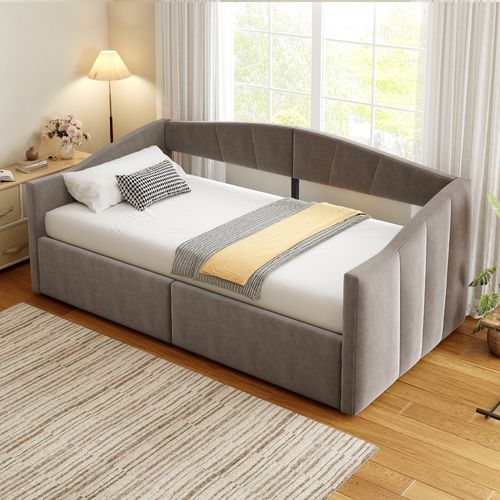 Lit Banquette 140x200 Cm - Lit Simple Avec Coffre De Rangement - Sans Matelas - Velours Gris