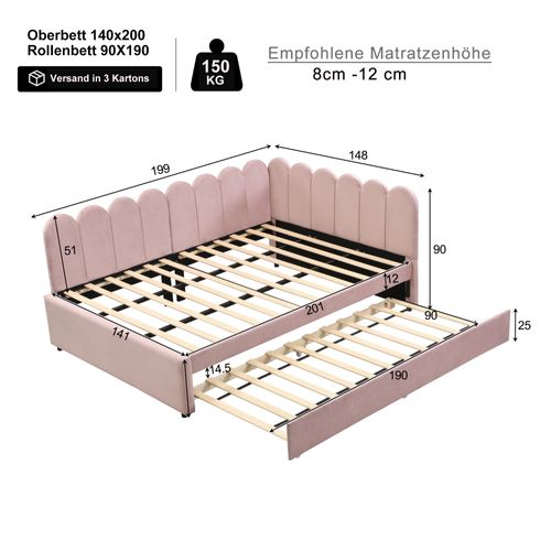 Lit Gigogne 140x200 Cm - Lit Enfant Extensible L-forme Avec Rangement - Velours Rose