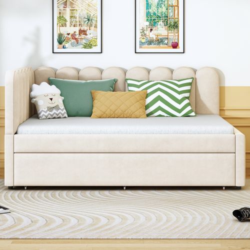 Lit Gigogne 140x200 Cm - Lit Enfant Extensible L-forme Avec Rangement - Velours Beige