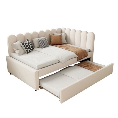 Lit Gigogne 140x200 Cm - Lit Enfant Extensible L-forme Avec Rangement - Velours Beige