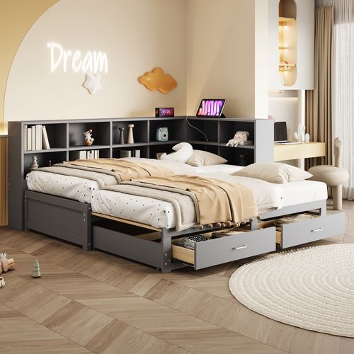 Lit Gigogne 90/180x190 Cm - Lit Multifonction Avec Rangement Et Tiroirs, Sommier à Lattes - Gris