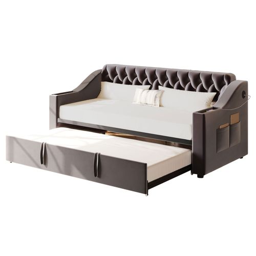 Lit Gigogne 90x190 Cm - Lit Simple Velours Avec Rangement Et Port USB, Sommier à Lattes - Gris Foncé