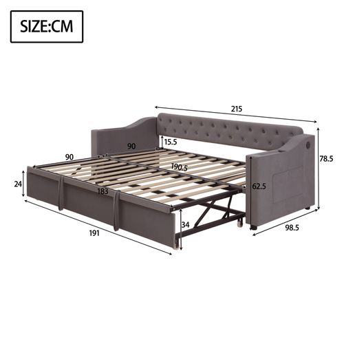 Lit Gigogne 90x190 Cm - Lit Simple Velours Avec Rangement Et Port USB, Sommier à Lattes - Gris Foncé