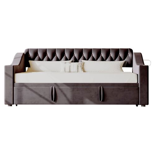 Lit Gigogne 90x190 Cm - Lit Simple Velours Avec Rangement Et Port USB, Sommier à Lattes - Gris Foncé