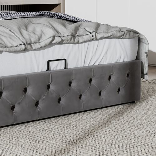 Lit Coffre 140x190 Cm - Lit Double Avec Rangement Sous Sommier Et Tête Capitonnée - Gris Velours
