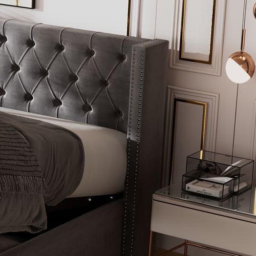 Lit Coffre 160x200 Cm - Lit Double Avec Rangement Sous Lit Et Dossier Capitonné - Velours Gris