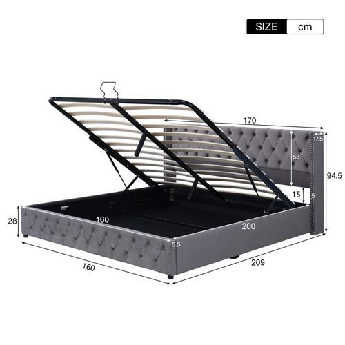 Lit Coffre 160x200 Cm - Lit Double Avec Rangement Sous Lit Et Dossier Capitonné - Velours Gris