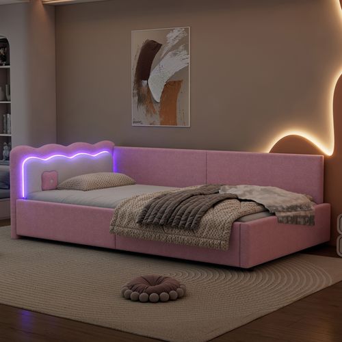Lit Banquette 90x200 Cm - Lit Simple Avec LED Et Télécommande, Tissu Vliesimitat - Rose