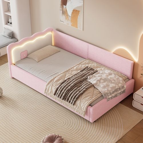Lit Banquette 90x200 Cm - Lit Simple Avec LED Et Télécommande, Tissu Vliesimitat - Rose