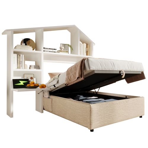 Lit Coffre 90x200 Cm - Lit Enfant Simple Avec Bibliothèque Et Rangement, USB-c - Bois - Naturel