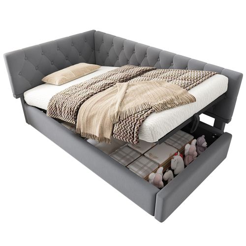 Lit Coffre 90x190 Cm, Lit Simple Enfant, Ouverture Hydraulique, Velours, Robuste, Gris