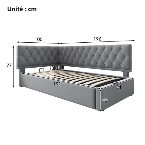 Lit Coffre 90x190 Cm, Lit Simple Enfant, Ouverture Hydraulique, Velours, Robuste, Gris