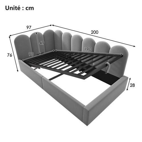 Lit Coffre Enfant 90x190 Cm - Simple, Système Hydraulique, Cadre Velours - Gris