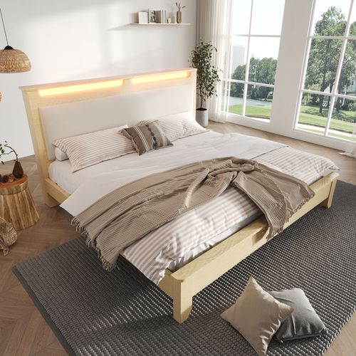 Lit Avec Rangement 180x200 Cm - Bande LED, Velours Côtelé Beige, Bois Chêne Clair