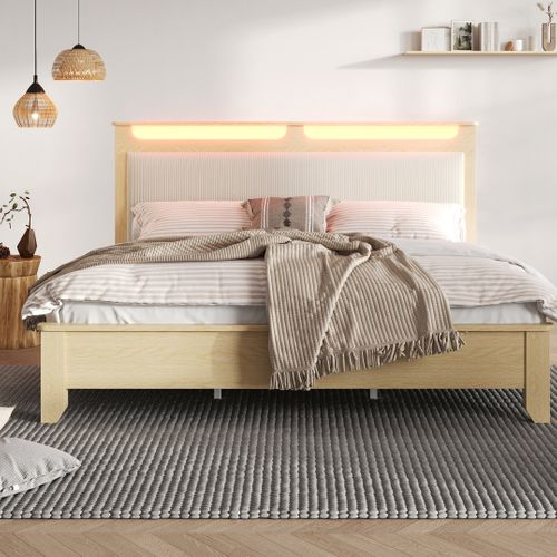 Lit Avec Rangement 180x200 Cm - Bande LED, Velours Côtelé Beige, Bois Chêne Clair