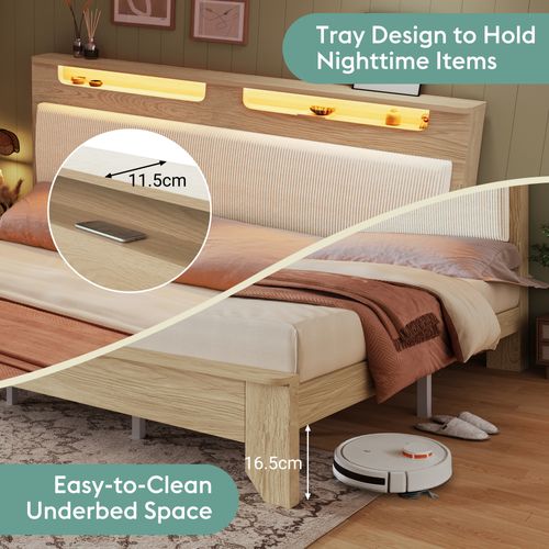 Lit Avec Rangement 180x200 Cm - Bande LED, Velours Côtelé Beige, Bois Chêne Clair