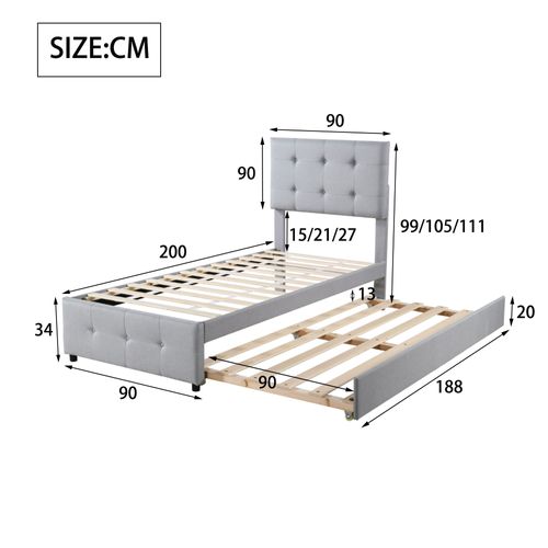 Lit Gigogne 90x200 Cm - Simple Enfant Rembourré, Tissu Doux, Mdf/métal - Gris
