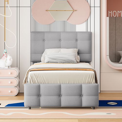 Lit Gigogne 90x200 Cm - Simple Enfant Rembourré, Tissu Doux, Mdf/métal - Gris