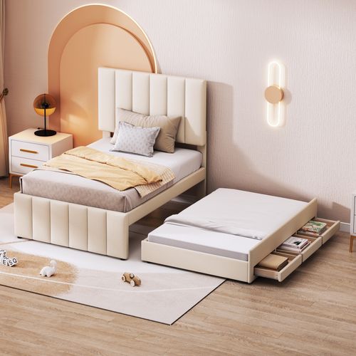 Lit Gigogne 90x200 Cm - Simple Enfant, Lit D'appoint, Rangements, Mdf/lin - Beige