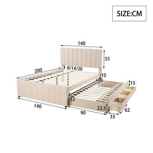 Lit Gigogne 140x200 Cm - Double, Rangement Et Lit Secondaire, Mdf/lin - Beige