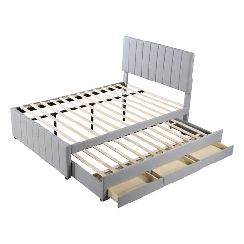 Lit Gigogne 140x200 Cm - Double, Lit Enfant Intégré, 2 Tiroirs, Mdf/lin - Gris