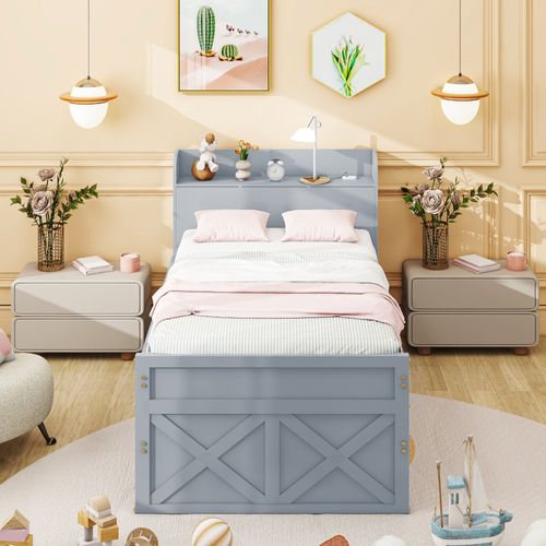 Lit Simple 90x190 Cm - Enfant, Tiroir, Table De Chevet, USB, Bois Massif - Gris