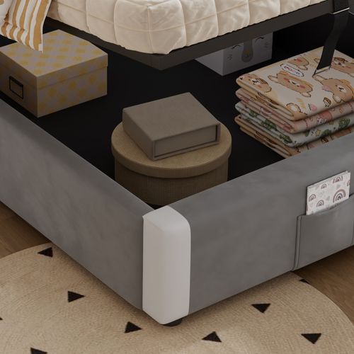 Lit Coffre 90×200 Cm - Simple, Rangement Hydraulique, Coffre Stockage, Velours - Blanc+gris