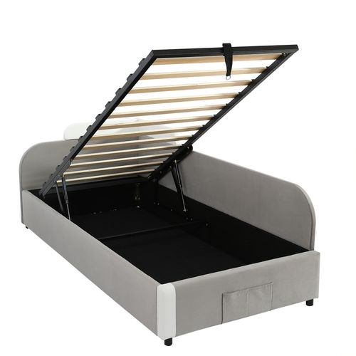 Lit Coffre 90×200 Cm - Simple, Rangement Hydraulique, Coffre Stockage, Velours - Blanc+gris