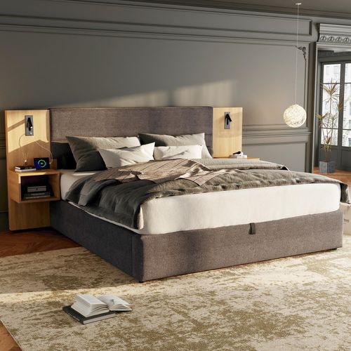 Lit Coffre 160x200 Cm - Lit Avec Rangement, 2 Chevets, Tête Capitonnée, USB, Velours Gris