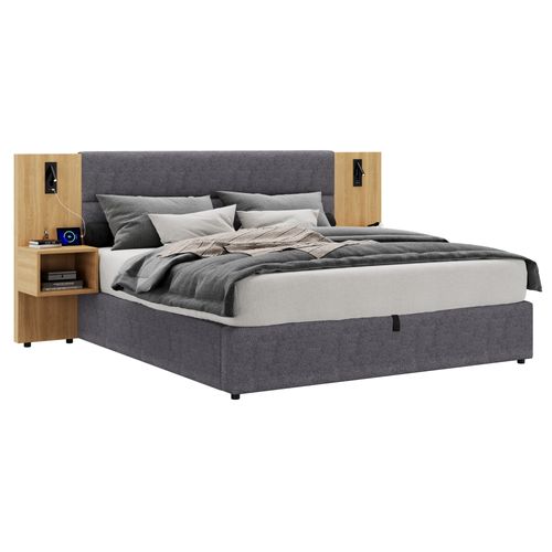 Lit Coffre 180x200 Cm - Lit Double Avec Rangement, 2 Chevets, Tête Capitonnée, USB, Velours Gris