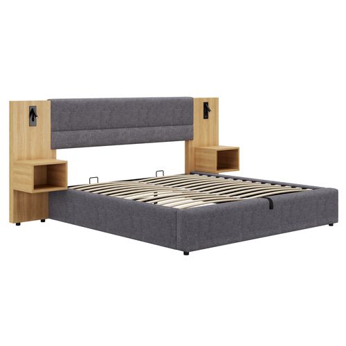 Lit Coffre 180x200 Cm - Lit Double Avec Rangement, 2 Chevets, Tête Capitonnée, USB, Velours Gris