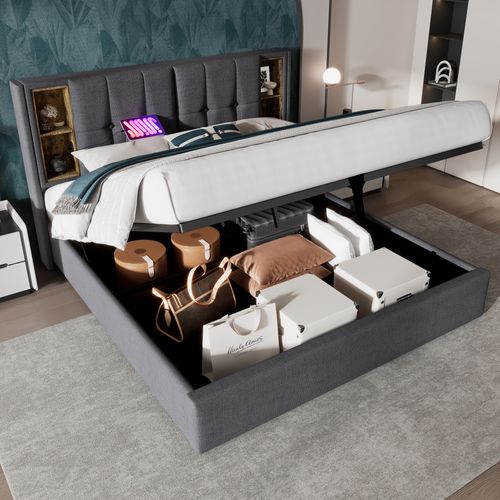 Lit Coffre 140x200 Cm - Tête Capitonnée, Charge Sans Fil Et USB-c, Coton Gris
