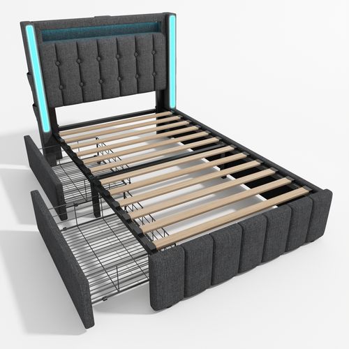 Lit Avec Rangement 90x200 Cm - USB-c, LED, 2 Tiroirs, Structure Capitonnée Grise