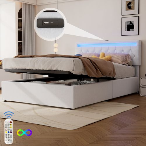Lit Coffre 140x200 Cm - LED Télécommande, Charge USB-c, Lin Mdf, Blanc