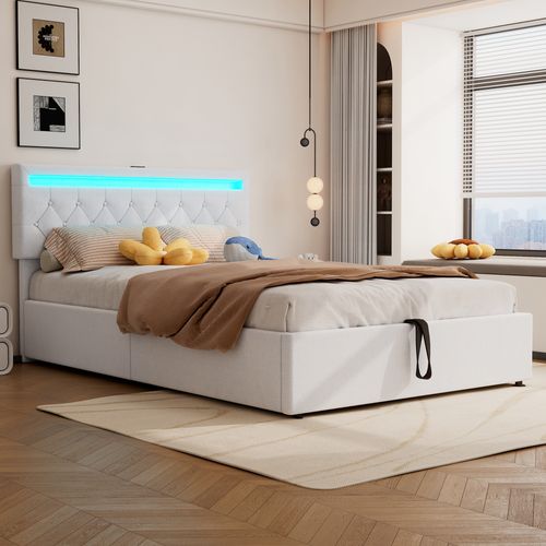 Lit Coffre 140x200 Cm - LED Télécommande, Charge USB-c, Lin Mdf, Blanc