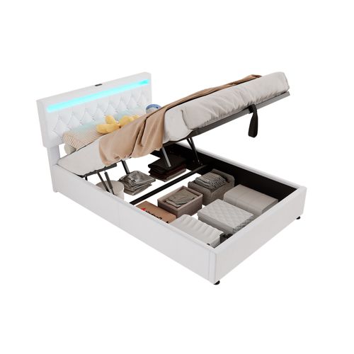 Lit Coffre 140x200 Cm - LED Télécommande, Charge USB-c, Lin Mdf, Blanc