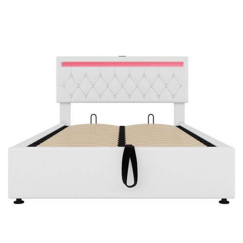 Lit Coffre 140x200 Cm - LED Télécommande, Charge USB-c, Lin Mdf, Blanc