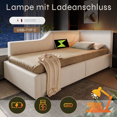 Lit Coffre 90x190 Cm - Enfant/ado, Lampe Intégrée, USB-c, Velours - Beige