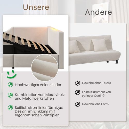 Lit Coffre 90x190 Cm - Enfant/ado, Lampe Intégrée, USB-c, Velours - Beige