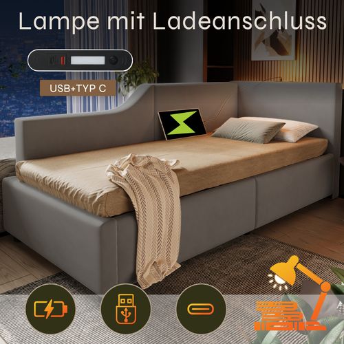 Lit Coffre 90x190 Cm - Enfant/ado, Lampe Intégrée, USB-c, Velours - Gris