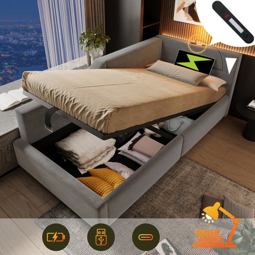 Lit Coffre 90x190 Cm - Enfant/ado, Lampe Intégrée, USB-c, Velours - Gris