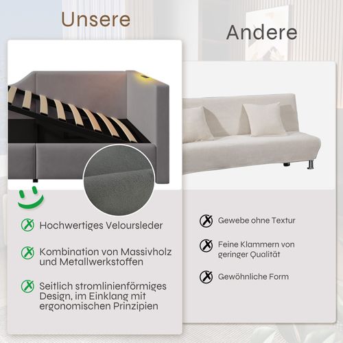 Lit Coffre 90x190 Cm - Enfant/ado, Lampe Intégrée, USB-c, Velours - Gris