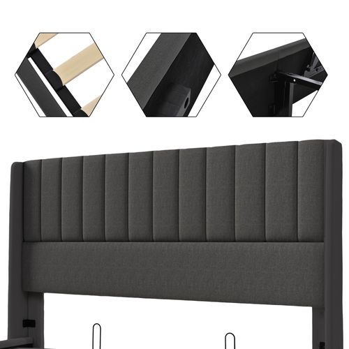 Lit 180x200cm, Lit 2 Places, Lit Coffre, Tête De Lit, Sommier, Lin, Métal, Bois, Gris Foncé