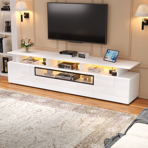 Meuble TV 180x38x45 Cm, 2 Portes, 1 Tiroir, LED, Finition Brillante, Aggloméré, Blanc