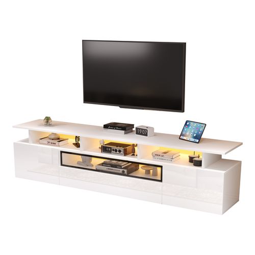 Meuble TV 180x38x45 Cm, 2 Portes, 1 Tiroir, LED, Finition Brillante, Aggloméré, Blanc