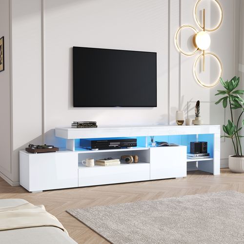 Meuble TV 192x37x53 Cm, 3 Portes, LED, Moderne, Design Simple, Aggloméré, Blanc